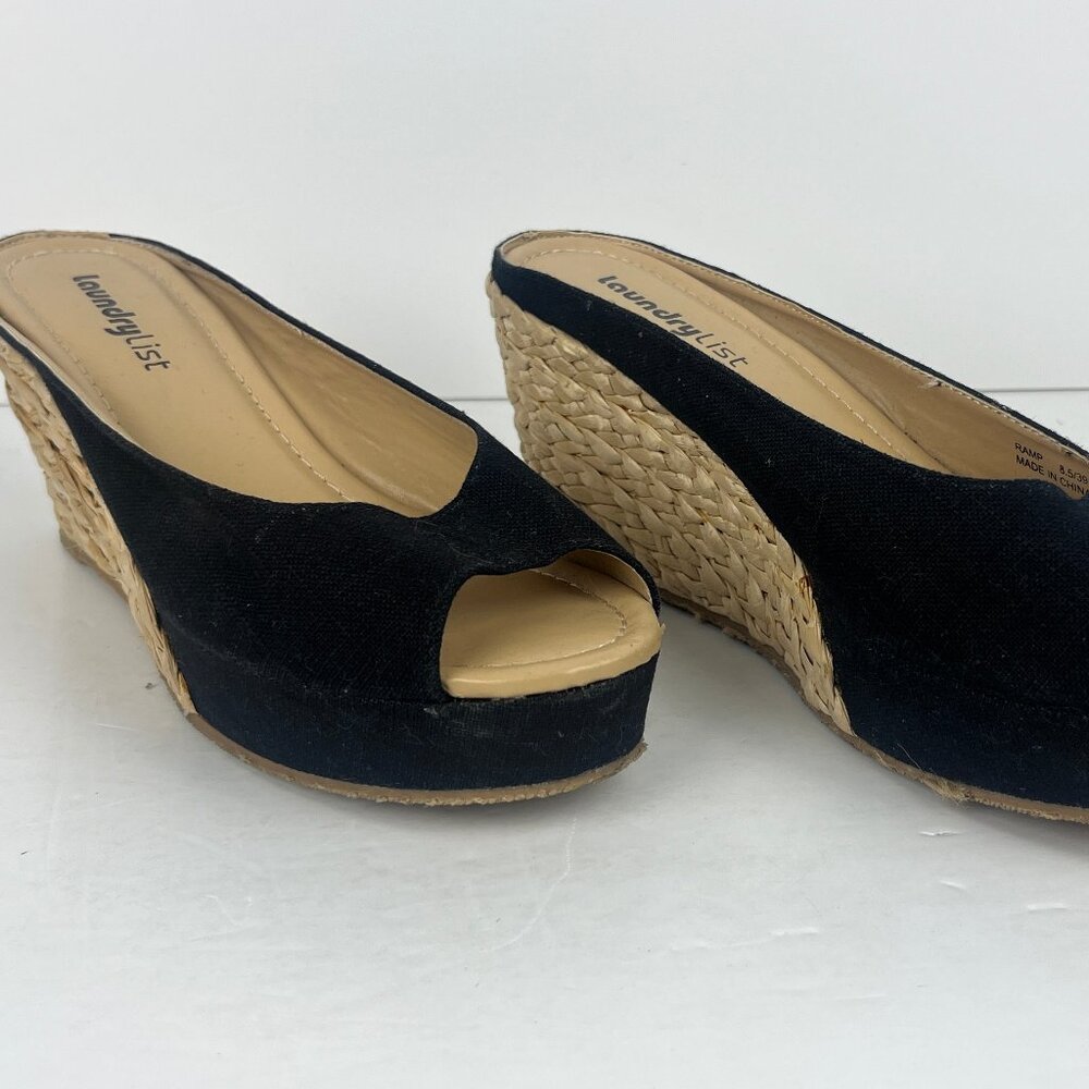 Laundry List Wedge Sandals Size 8.5 EU 39 Black Beige Fabric Heel 3.5in Open Toe